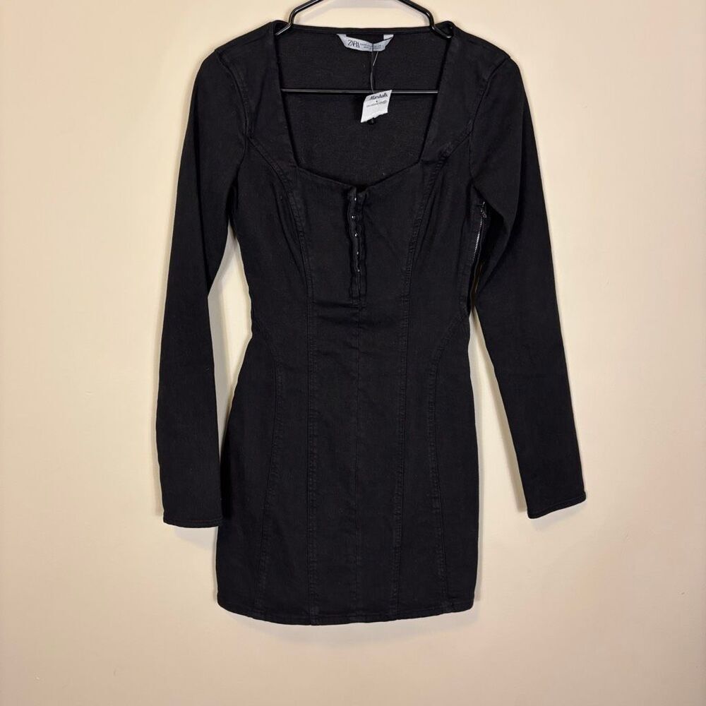 New Zara Black Denim‎ Square Neckline Long Sleeve Mini Dress XS